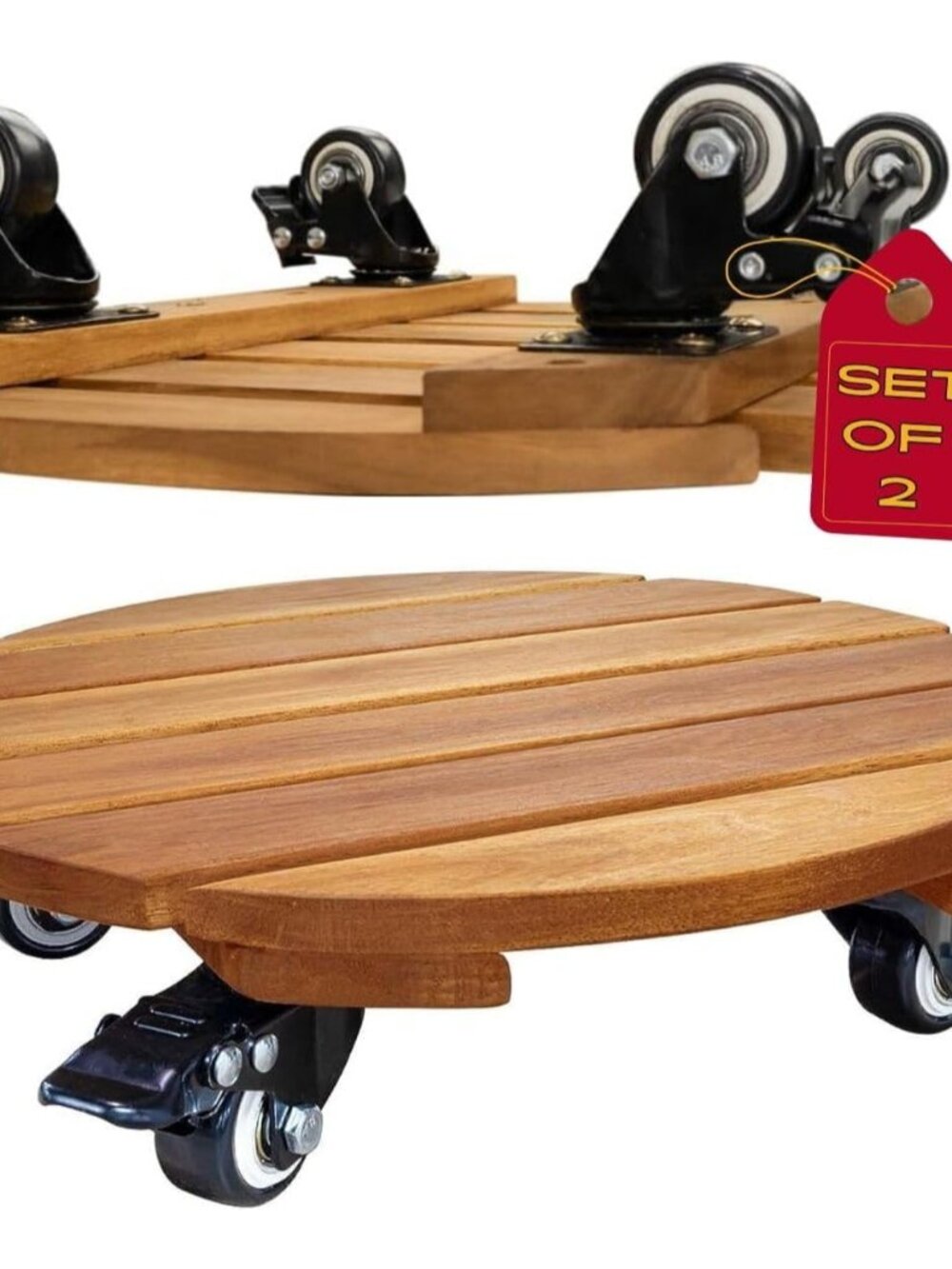 2pack 12inches Wood Plant Caddy with Wheels Heavy Duty, 264 Lbs Capacity, Acacia